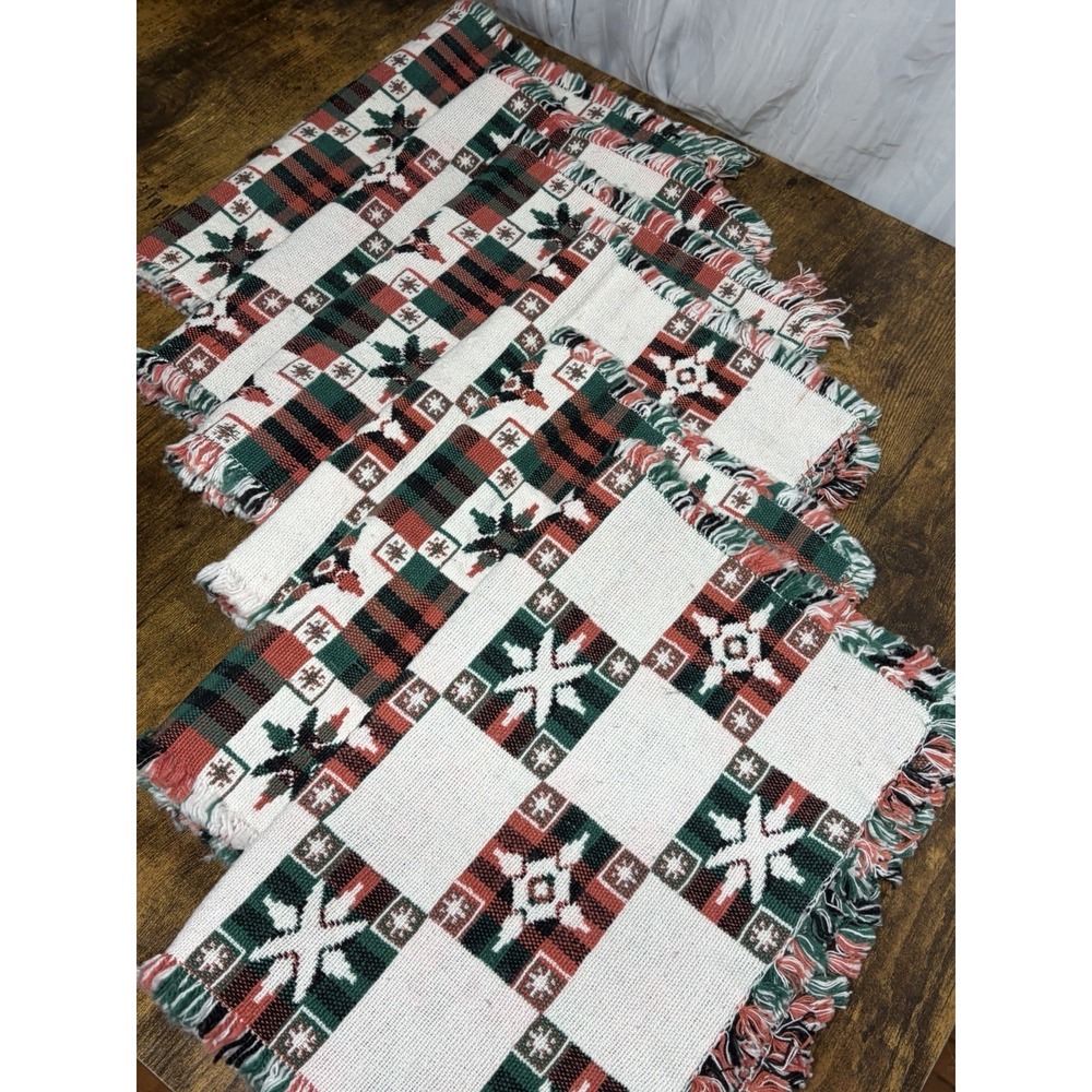 VTG Woven Christmas Placemats Set 6 Red Plaid Snowflake Cottagecore Fringe‎ Red